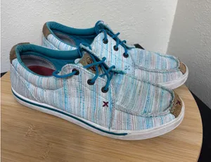 Hooey by‎ Twisted X Women's Lopers Shoes 8M Kicks Blue White Striped Textile Moc thumbnail 1