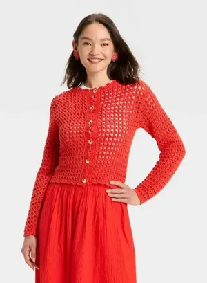 NEW A New Day Women's Crochet Button-Front Cardigan A New Day Red Size Small thumbnail 1