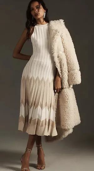 Anthropologie Pleated Drop-Waist Knit Midi Dress Ivory Size Large thumbnail 1