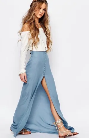 Cute front buttons slit light flowing boho festival Blue Maxi Skirt thumbnail 1