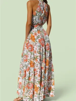 Petal&Pup Floral Halter Maxi Dress in White with Orange & Green Size 4 thumbnail 2
