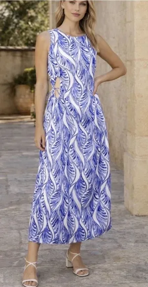 Magaschoni Linen Midi Dress Women 10 Blue White Coastal Cutout Resortwear thumbnail 1