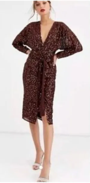 ASOS DESIGN midi dress with batwing sleeve and wrap waist in scatter sequin thumbnail 1