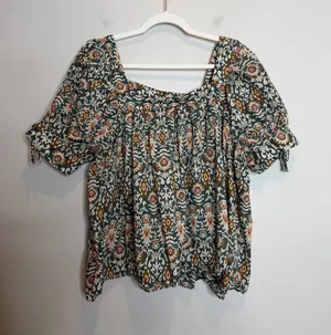 DR2 Boho Peasant Blouse Womens Large Green Floral Puff Sleeve Cotton Shirt thumbnail 1