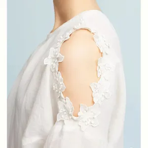 Anthropologie Eri + Ali Floral Applique cold shoulder blouse loose fit SP petite cream linen thumbnail 15