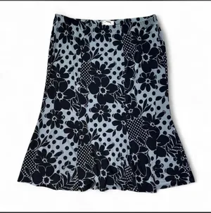 Casual Land light blue midi flare skirt with black polka dots & floral hibiscus print thumbnail 1