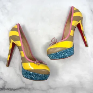 Christian Louboutin Foraine 140 Bow Striped Leather Glitter Platform Pumps Heels thumbnail 8