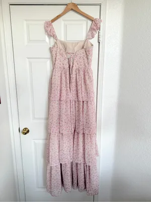 Revelry Poppy Floral Chiffon Ruffle Pink and Ivory Maxi Dress Size 6 thumbnail 5