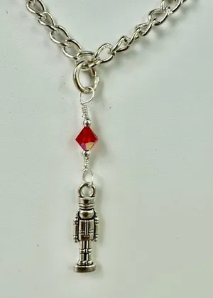 Handmade Antique Silver Toy Soldier Nutcracker with Red Crystal Chain Necklace thumbnail 1