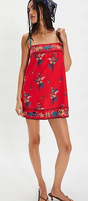 NEW Free People Bali Take Me With You Embroidered Mini Shift Dress in Red thumbnail 1