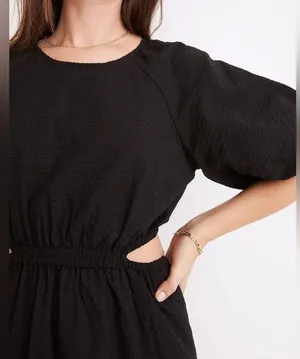 Madewell Seersucker Puff-Sleeve Cutout Mini Dress in Black size Medium thumbnail 3