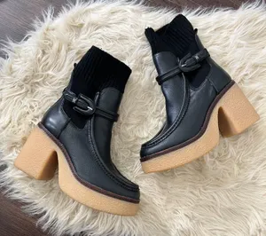 Sam Edelman Sidney Bootie black leather Chunky Platform Ribbed Knit Cuff US 7.5 thumbnail 1