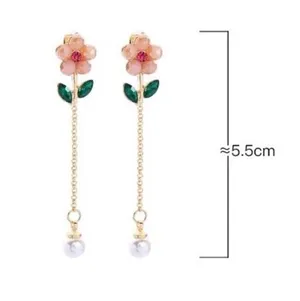 Crystal Flower Chain Tassel Pearl Drop Stud Earring Gold thumbnail 4