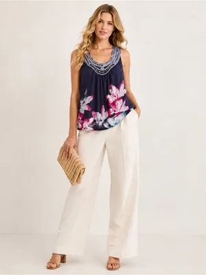 Anthropologie XS Navy Floral Tank Top Boho Beaded Scoop Neck Embellished Blouse thumbnail 4