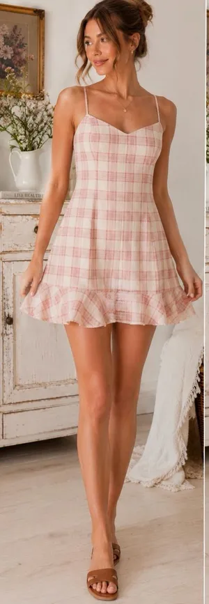Olivaceous Plaid Mini Cotton Gauze Dress Pink Cottagecore Open Back M Ruffle Hem thumbnail 1