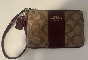 COACH Corner Zip Wristlet in Signature Khaki PVC and Sherry Leather RARE Color thumbnail 2