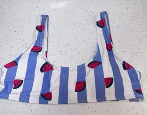 Blue White Striped Watermelon Print Scoop‎ Neck Bikini Swim Top Large L thumbnail 1