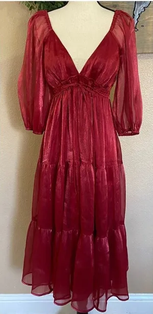 NWOT Lulus Romantic Appearance Wine Red Organza Tiered Midi Dress thumbnail 1