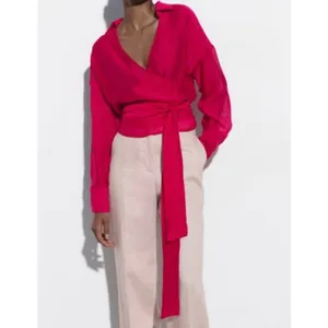 Zara Wrap Top Sz S Hot‎ Pink Semi-Sheer Collared Ballet Fairy Feminine Blouse thumbnail 2
