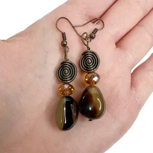 Natural Stone & Antiqued Brass Swirl Amber Faceted Bead Dangle Pierced Earrings thumbnail 5