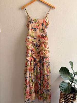 NWT Lulus Stunning Soiree Blush Pink Floral Print Ruched Midi Dress S thumbnail 5