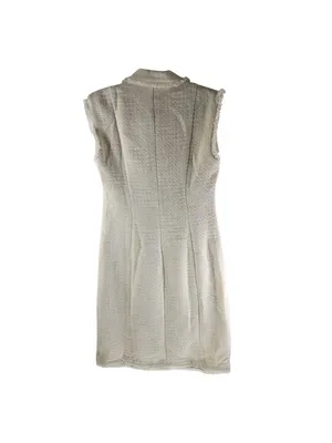 H&M Womens Cream Textured Tweed Sleeveless Dress Fringe Hem Size M Wool Blend thumbnail 2