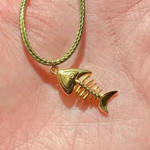 Handmade gold tone stainless steel fish bone boho funky simple necklace🌀🐟🧡 thumbnail 4