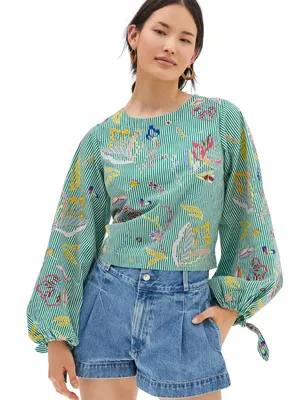 Anthropologie Maeve Embroidered Blouse Green Stripe Size XS thumbnail 14