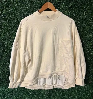 Nap Drawstring Hem Cotton Oversized Pocket Sweatshirt Beige/tan Womens Size L thumbnail 1