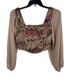 Tapestry Floral Crop Top Square Neck Puff Sheer Sleeve Renaissance Cottage Top S thumbnail 1