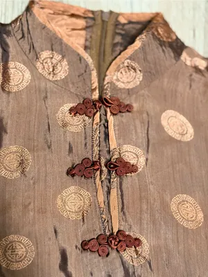 Vintage Cheongsam Qipao Maxi Dress Brown Gold Shou Medallion Frog Button M thumbnail 3