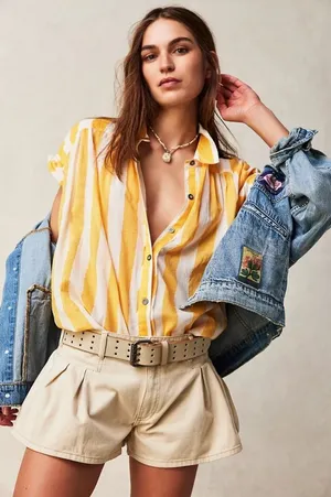 Free People We The Free Float Away Shirt Yellow White Stripe Button Down NWT XS thumbnail 1