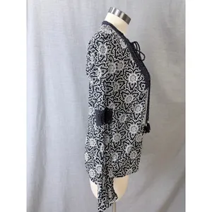 Tory Burch Navy White Geometric Crochet Tassel Blouse Size 10 Cotton Boho‎ Top thumbnail 3