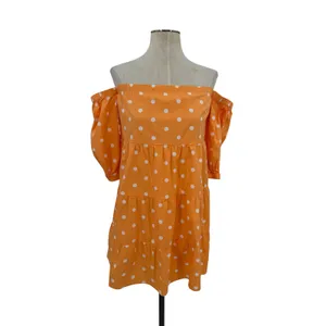 Color Me Courtney Quinn Polka Dot Off Shoulder Tiered Mini Dress Orange XS thumbnail 3