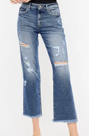 KanCan High Rise Straight Distressed Raw Hem Crop Denim‎ Jeans thumbnail 1