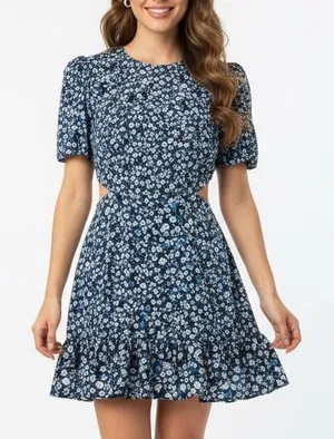 French Connection Floral Cutout‎ Ruffle Dress Navy Blue XS 4 Puff Sleeve thumbnail 1
