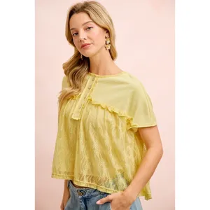 BiBi Solid Jersey With Lace Combo Ruffled Buttoned Top thumbnail 9