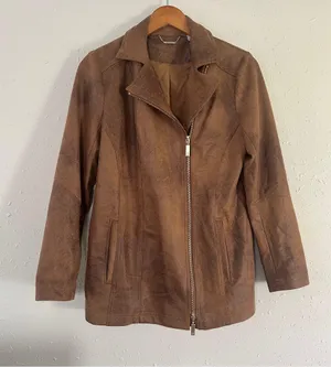 Chicos Brown Zippered Pocketed Faux Leather Suede Lined Motorcycle Jacket 4 6 thumbnail 2