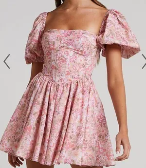 Showpo Floral Print Puff Sleeve Corset Dress, Size 6 thumbnail 1
