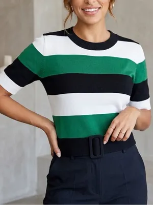 Eva Mendes New York & Co Women’s Short-sleeve Green Stripped Belted Knit Sweater thumbnail 1