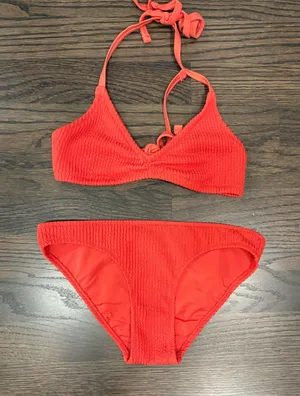 Aerie ribbed red halter bikini top and bottom thumbnail 1