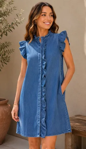 Mazik Cottagecore Blue Denim Ruffle‎ Sleeve Shift Dress MK5338 S Western Boho thumbnail 1