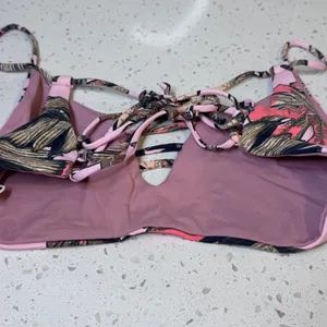 Maaji Pink Tropical Leaf‎ Reversible Lace Up Bralette Bikini Top Large L Womens thumbnail 5