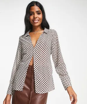 Abercrombie Sheer Mesh Brown Checkered Blouse Long Sleeve Button Up Top thumbnail 1