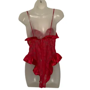 Victorias Secret Red Lace Teddy Ruffled Satin Trim Spaghetti Straps gold label thumbnail 2