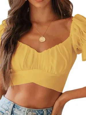 Sweetheart Yellow Puff-Sleeve Crop Top by thumbnail 1