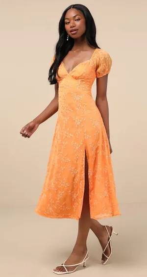 NWT Lulus Blossoming with Charm Orange Embroidered Tie-Back Midi Dress Casual M thumbnail 1