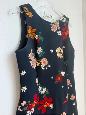 Zara Navy Midi Dress with Red, Pink & Orange Floral Print thumbnail 2