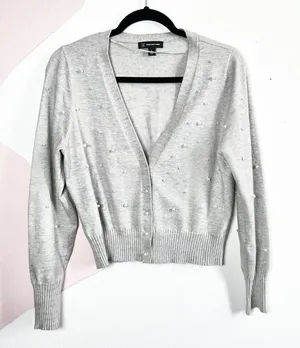 GRAY PEARL CARDIGAN SWEATER BUTTON DOWN‎ PREPPY LARGE thumbnail 1