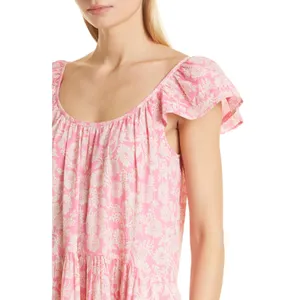 THE GREAT. The Plumeria Cotton Midi Dress Pink Floral Tiered Size 3 Large L thumbnail 5
